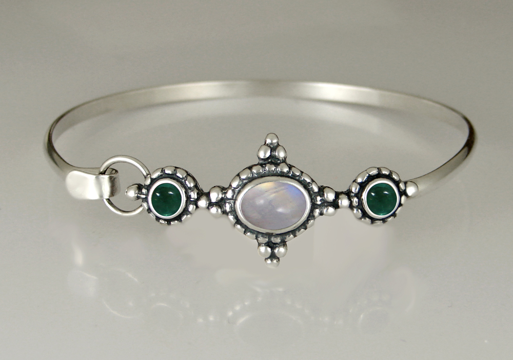 Sterling Silver Strap Latch Spring Hook Bangle Bracelet With Rainbow Moonstone And Fluorite